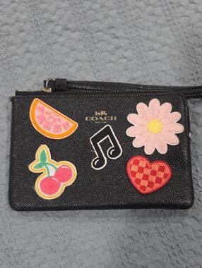 Coach Black Leather Patch Appliqué Zip Wristlet with Pink Daisy & Cherry Accents
